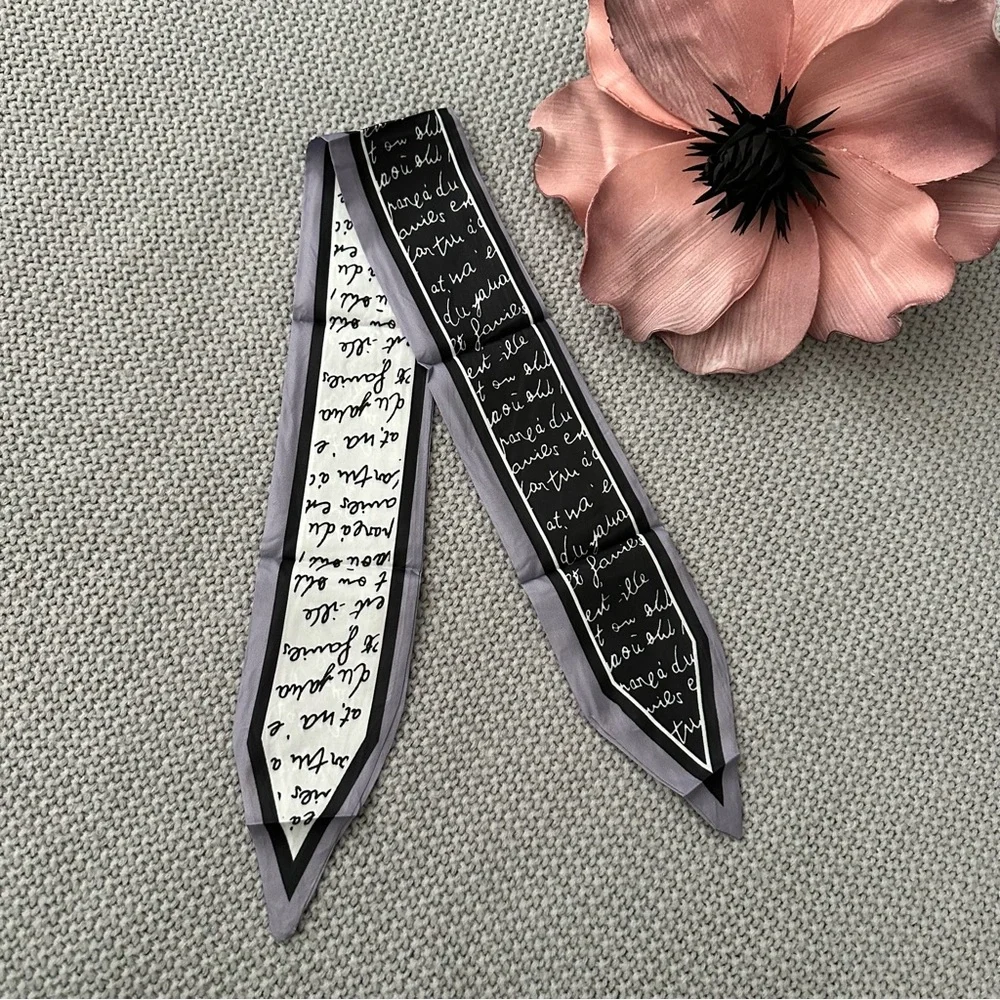 Black Grey French Script Print Hair purse skinny Scarf 3/$20